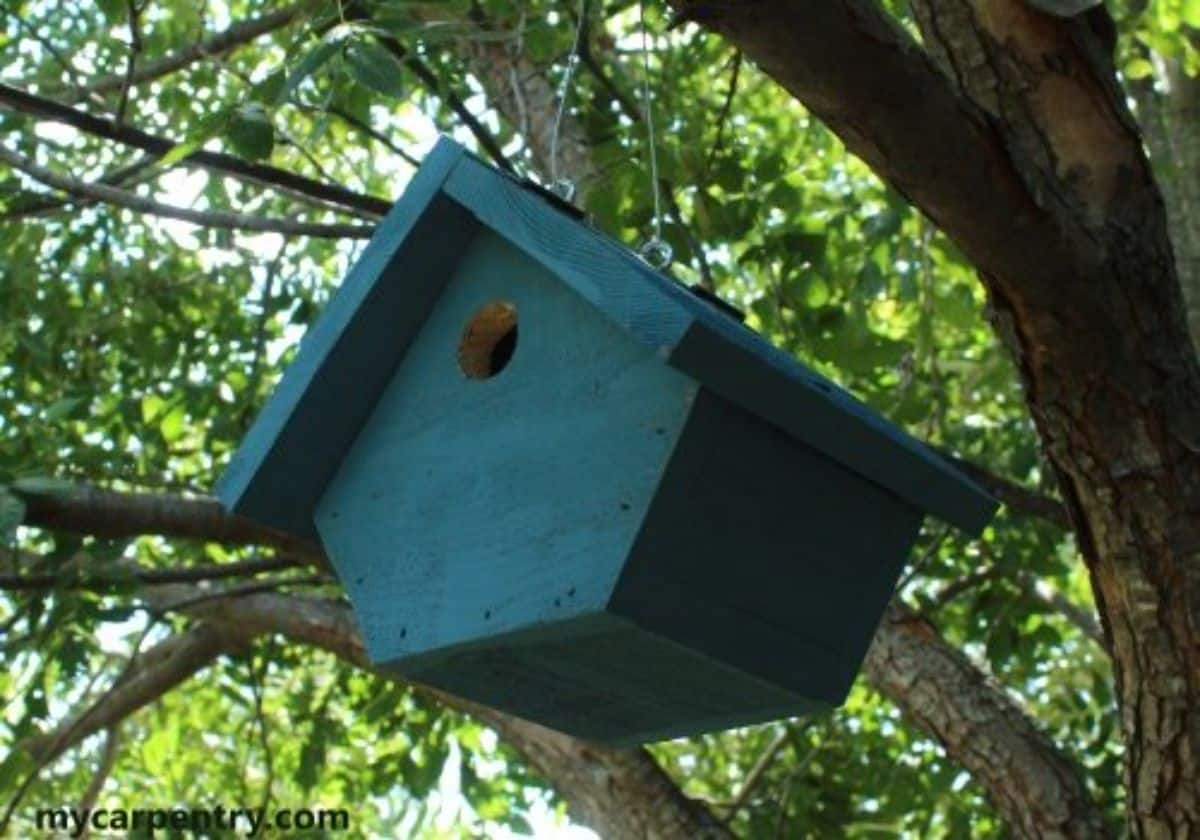 A green wooden bird house hanging on a tree.