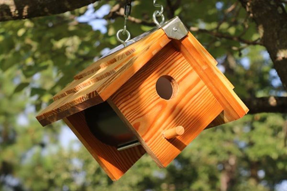 A wooden bird house handing on a tree.