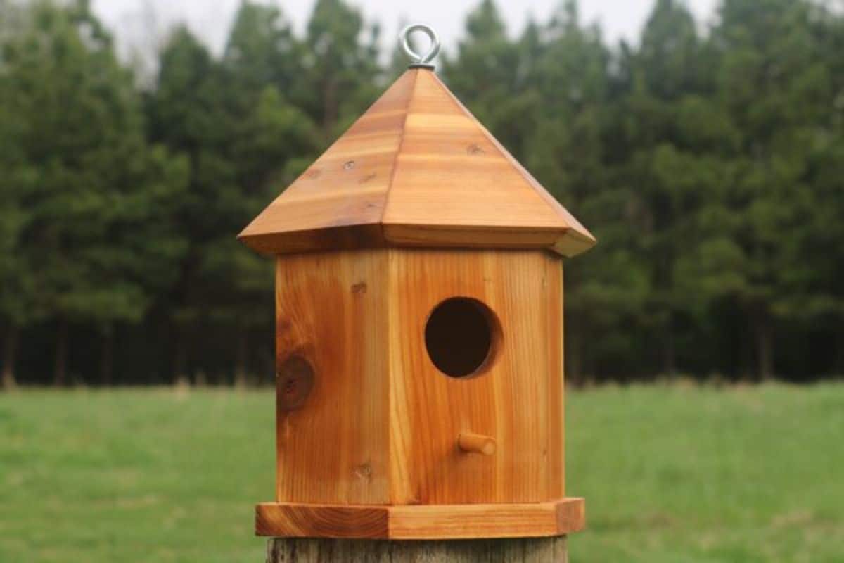 A wooden bird house on a wooden pole.