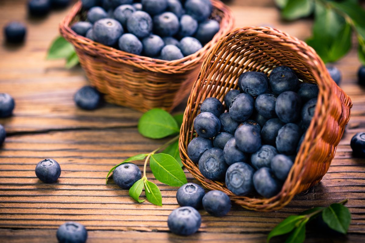 Two small baskets full of ripe blueberries spilled on a wooden table.