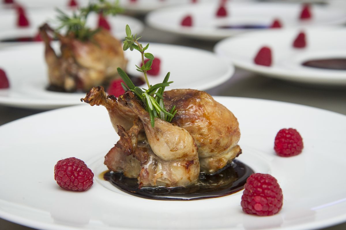 A baked quail on a white plate with a sauce and raspberries.